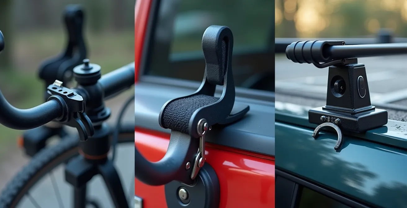 Détail des différents systèmes de fixation de porte-vélos sur attelage et hayon, en vue rapprochée