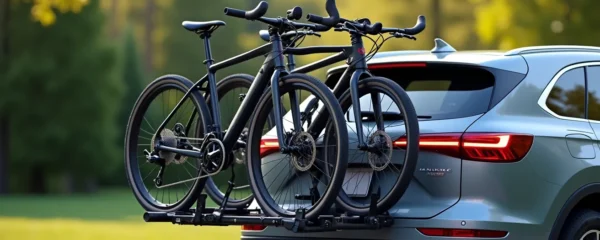 Voiture moderne avec un porte-vélo arrière chargé de plusieurs vélos, en environnement naturel et éclairage cinématographique