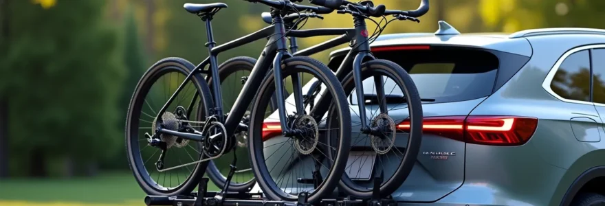 Voiture moderne avec un porte-vélo arrière chargé de plusieurs vélos, en environnement naturel et éclairage cinématographique
