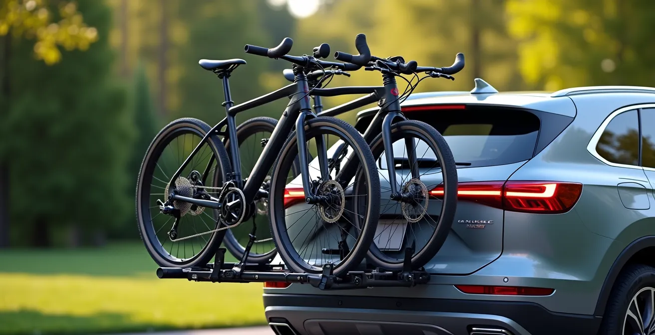 Voiture moderne avec un porte-vélo arrière chargé de plusieurs vélos, en environnement naturel et éclairage cinématographique