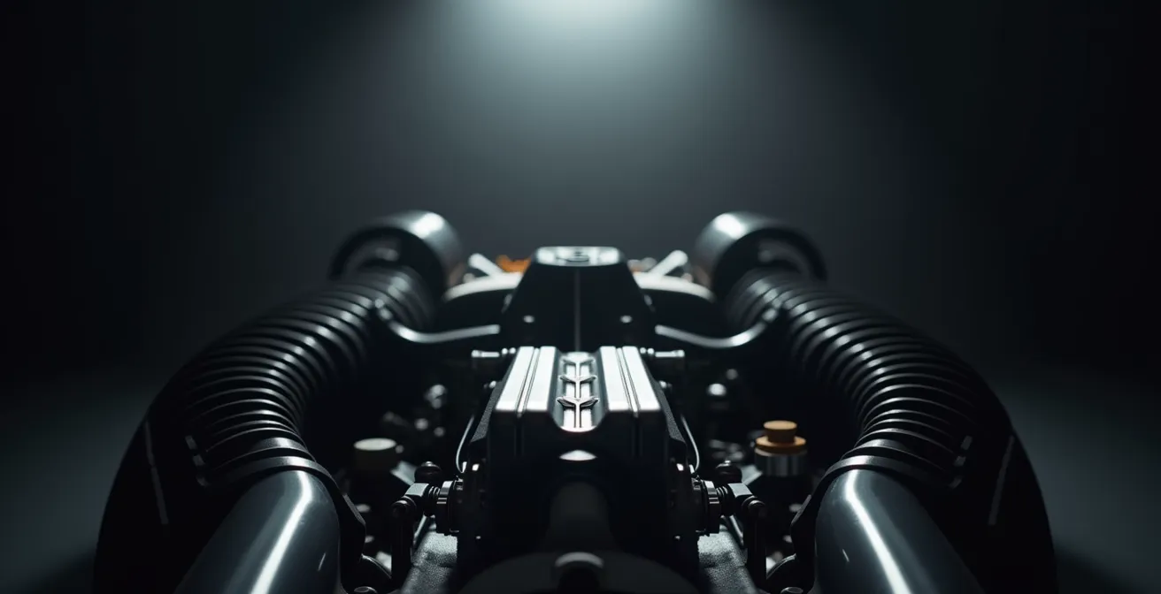 Vue large d'un compartiment moteur moderne épuré avec éclairage dramatique mettant en valeur les composants mécaniques