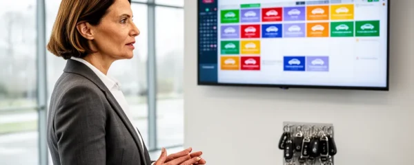 Responsable d'agence de location consultant un logiciel de gestion de flotte sur écran mural