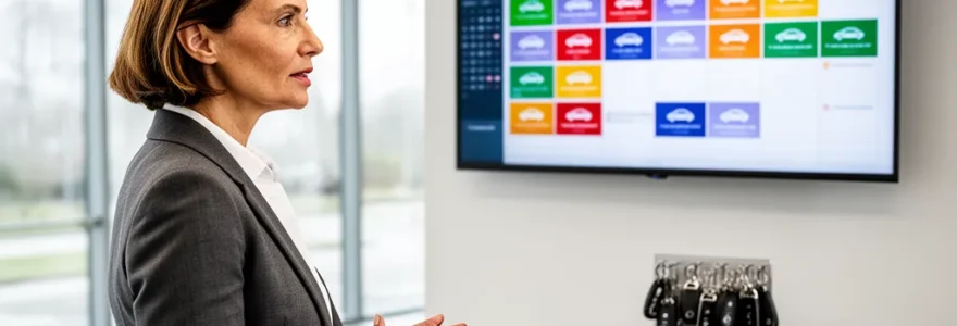 Responsable d'agence de location consultant un logiciel de gestion de flotte sur écran mural