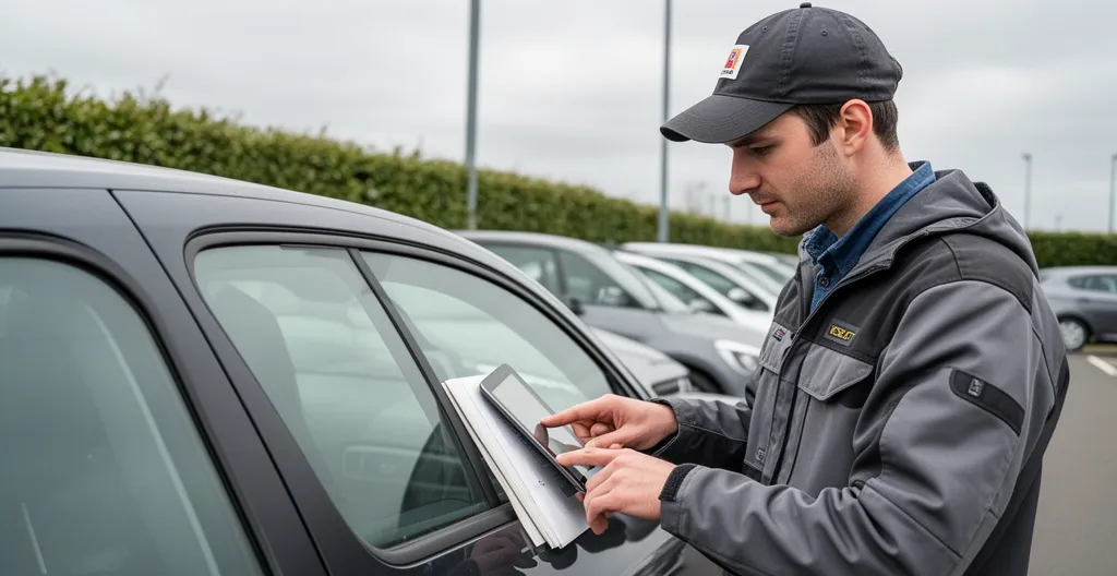 Employé de location effectuant un état des lieux véhicule sur tablette dans un parc automobile