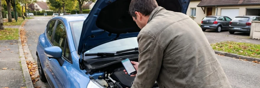 Acheteur particulier inspectant le compartiment moteur d