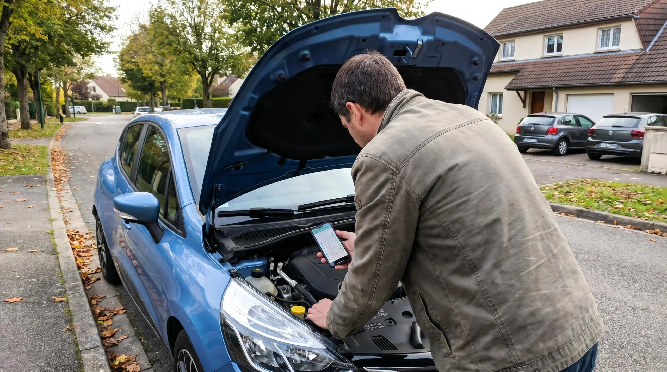 Acheteur particulier inspectant le compartiment moteur d