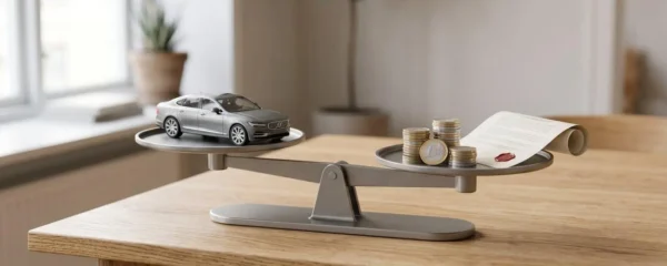 Une balance en métal posée sur une table en bois, avec une voiture miniature d'un côté et des pièces de monnaie et un contrat de l'autre, symbolisant la nécessité de peser avantages et risques de la LOA.