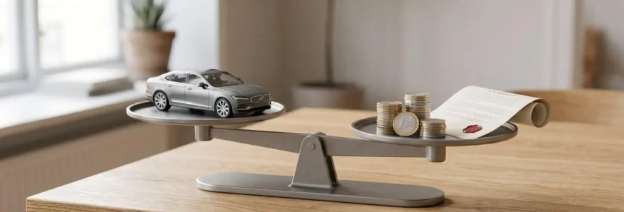 Une balance en métal posée sur une table en bois, avec une voiture miniature d'un côté et des pièces de monnaie et un contrat de l'autre, symbolisant la nécessité de peser avantages et risques de la LOA.