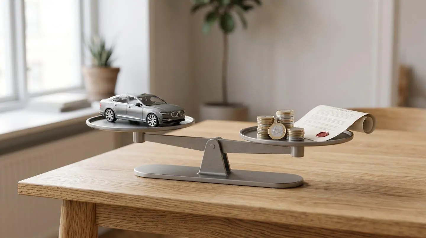 Une balance en métal posée sur une table en bois, avec une voiture miniature d'un côté et des pièces de monnaie et un contrat de l'autre, symbolisant la nécessité de peser avantages et risques de la LOA.